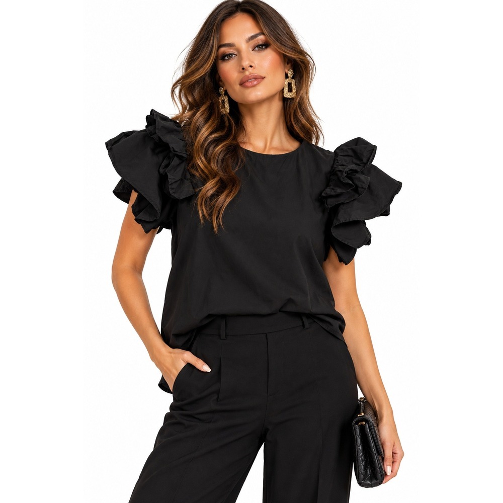 Gracia Black Ruffle Sleeve Cotton Poplin Blouse Top Size Medium